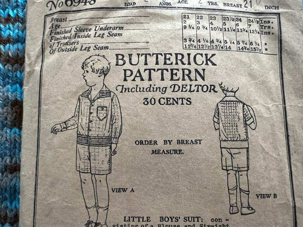 Butterick Sewing pattern 6948 Childrens boys suit  jacket shorts 1919 1923